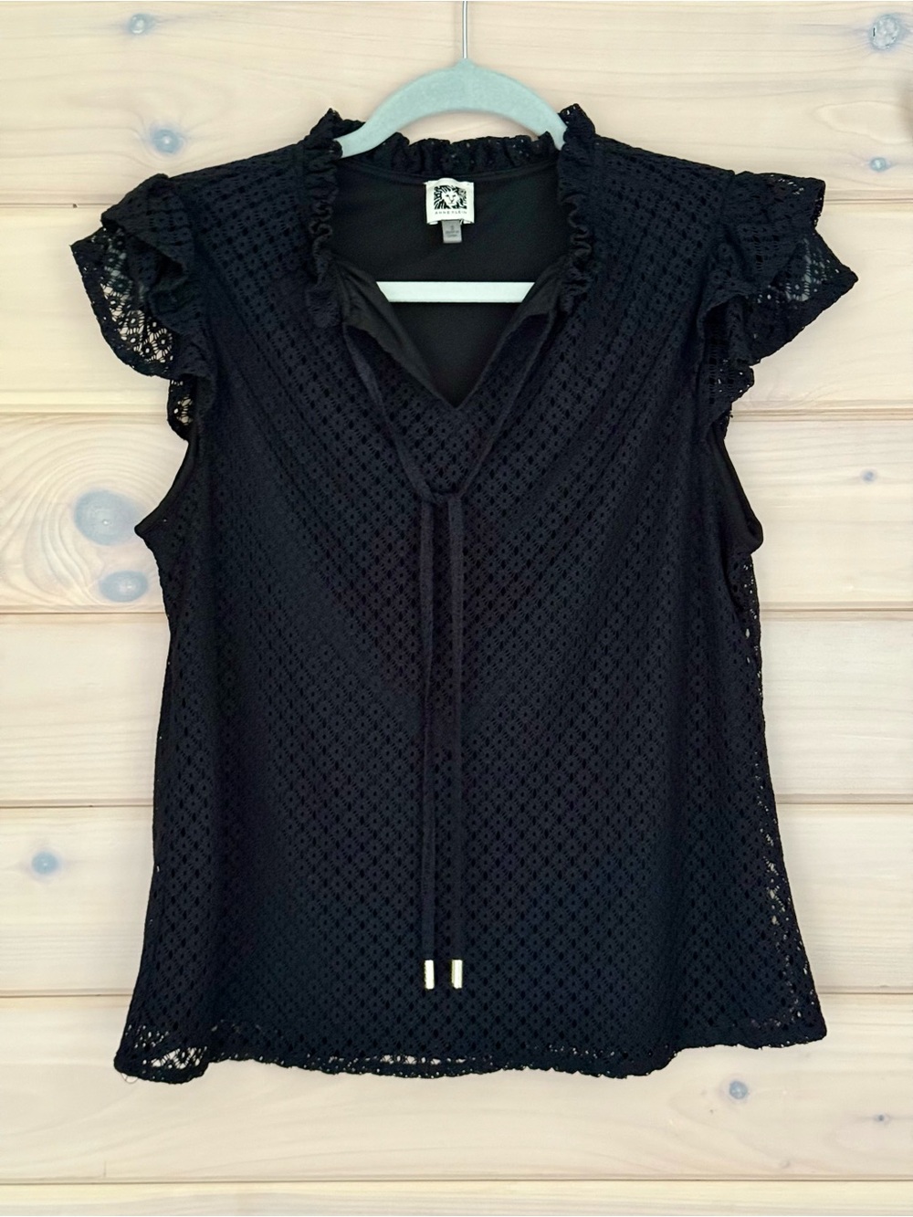 Anne Klein Black Eyelet Ruffle Sleeve V-Neck Top
